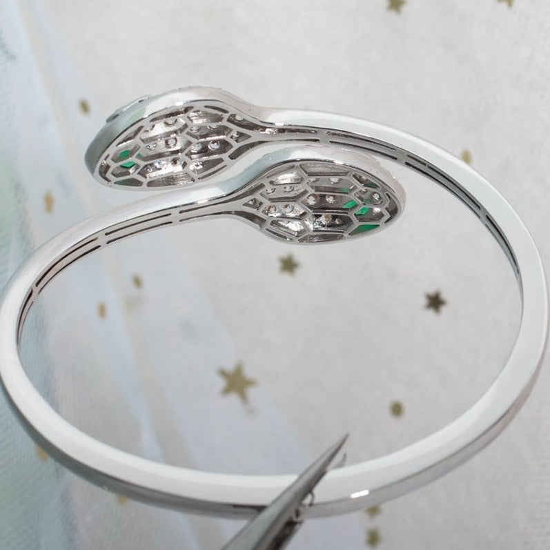 BVLGARI SERPENTI BRACELET SILVER MALACHITE DIAMOND DOUBLE SNAKE