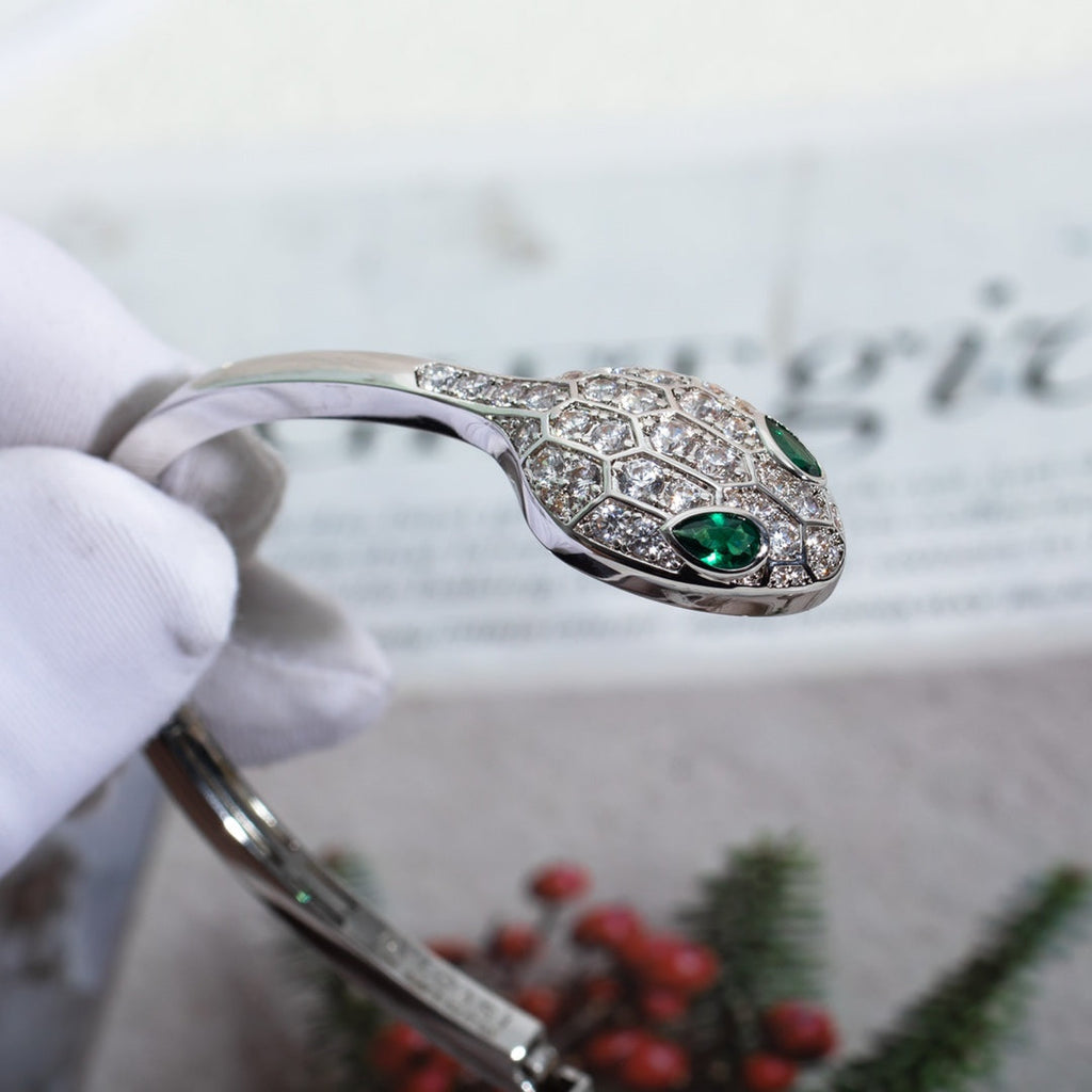 BVLGARI SERPENTI BRACELET SILVER MALACHITE DIAMOND DOUBLE SNAKE