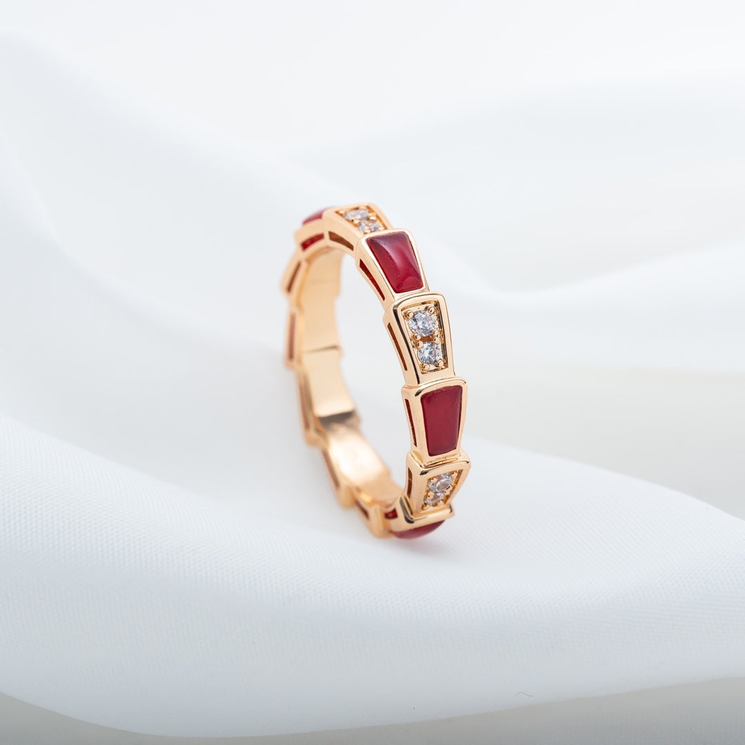 BVLGARI SERPENTI RING PINK GOLD CARNELIAN DIAMOND 3MM