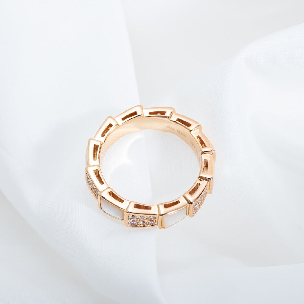 BVLGARI SERPENTI RING PINK GOLD MOP DIAMOND PAVED 4MM