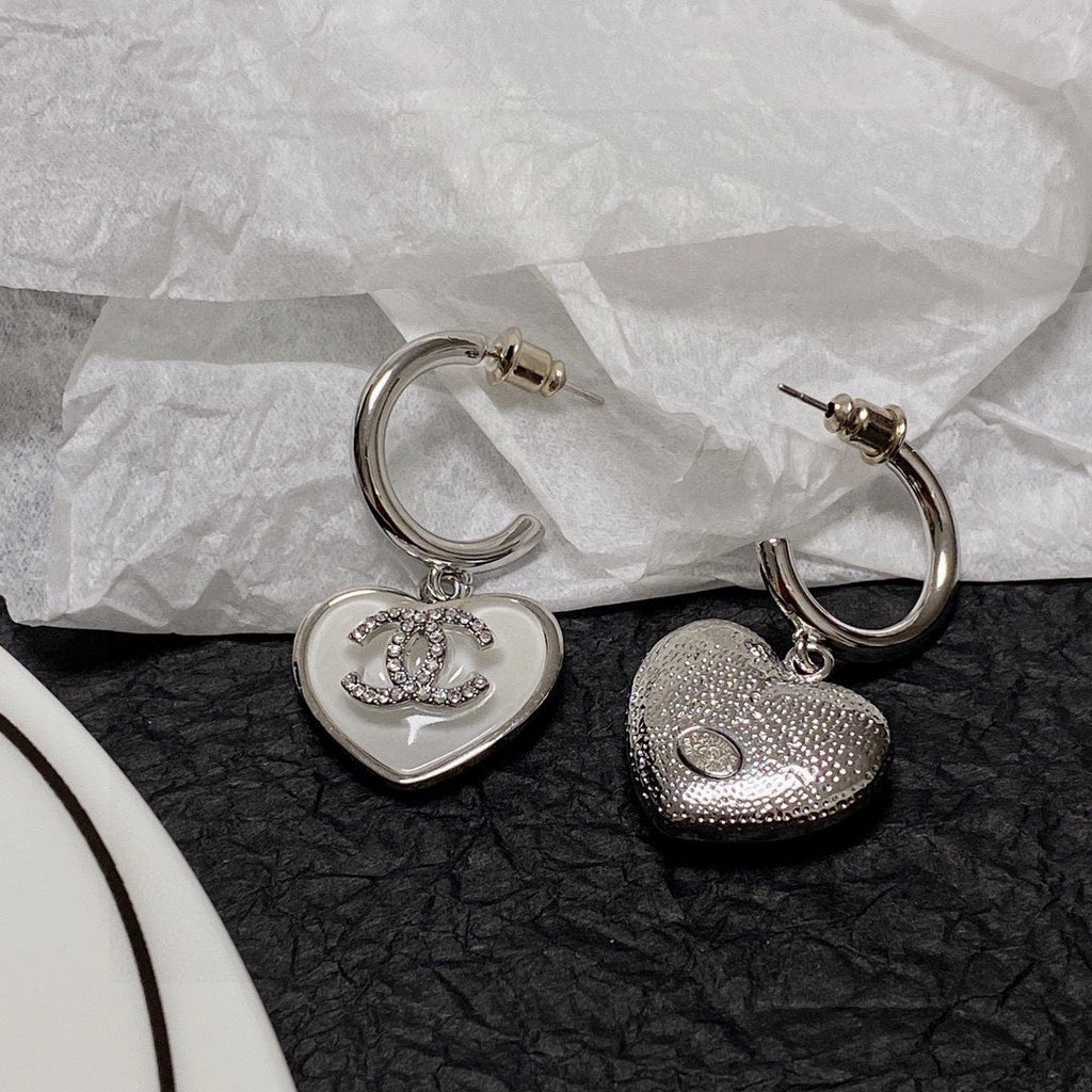 Chanel Silver White Enamel Hoop Earrings