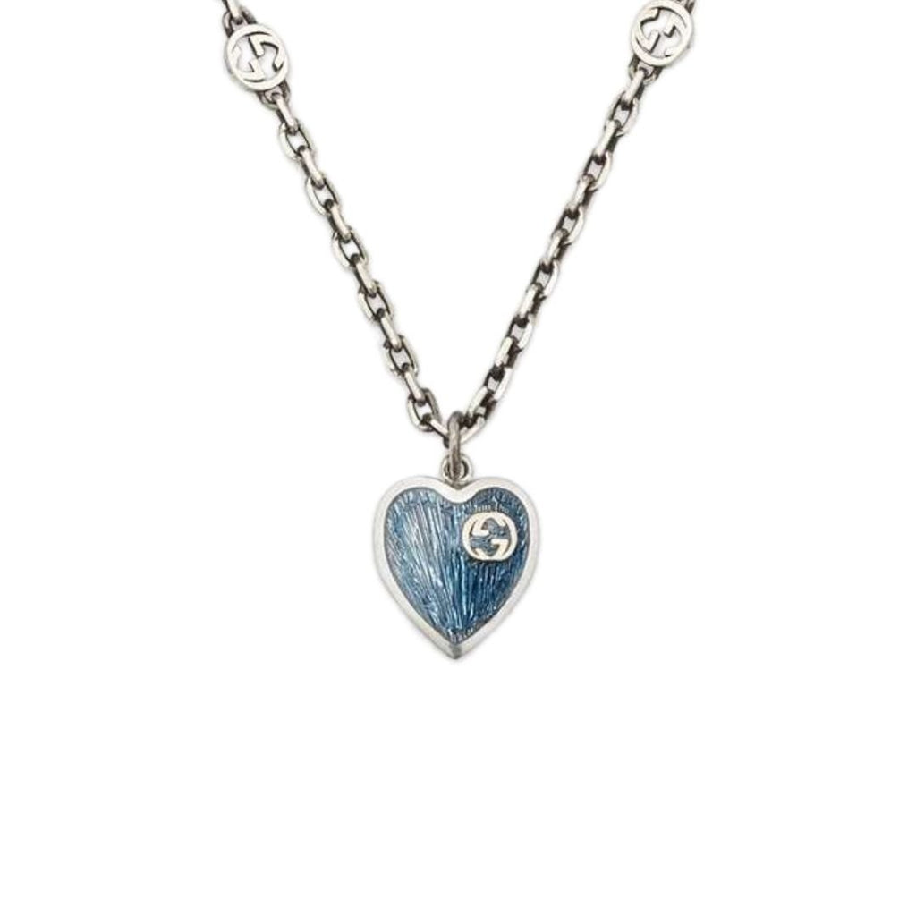 GUCCI GG HEARTS STERLING SILVER BLUE ENAMEL PENDANT NECKLACE
