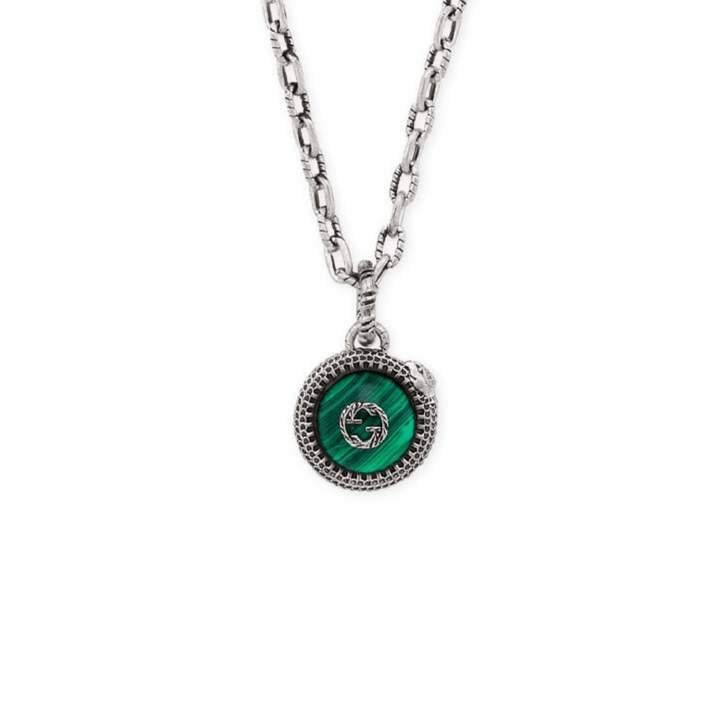 GUCCI STERLING SILVER NEW DOUBLE G LOGO SERPENT MALACHITE PENDANT NECKLACE
