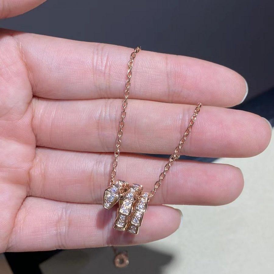 BVLGARI SERPENTI PINK GOLD NECKLACE DOUBLE RING DIAMOND
