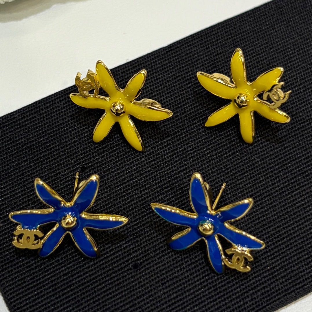 Chanel 2026 Gold Double C Blue And Yellow Enamel Flower Stud Earrings
