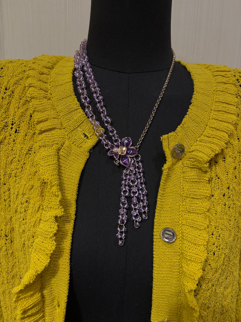 Chanel 2026 Double C Light Purple Beaded Asymmetrical Flower Necklace