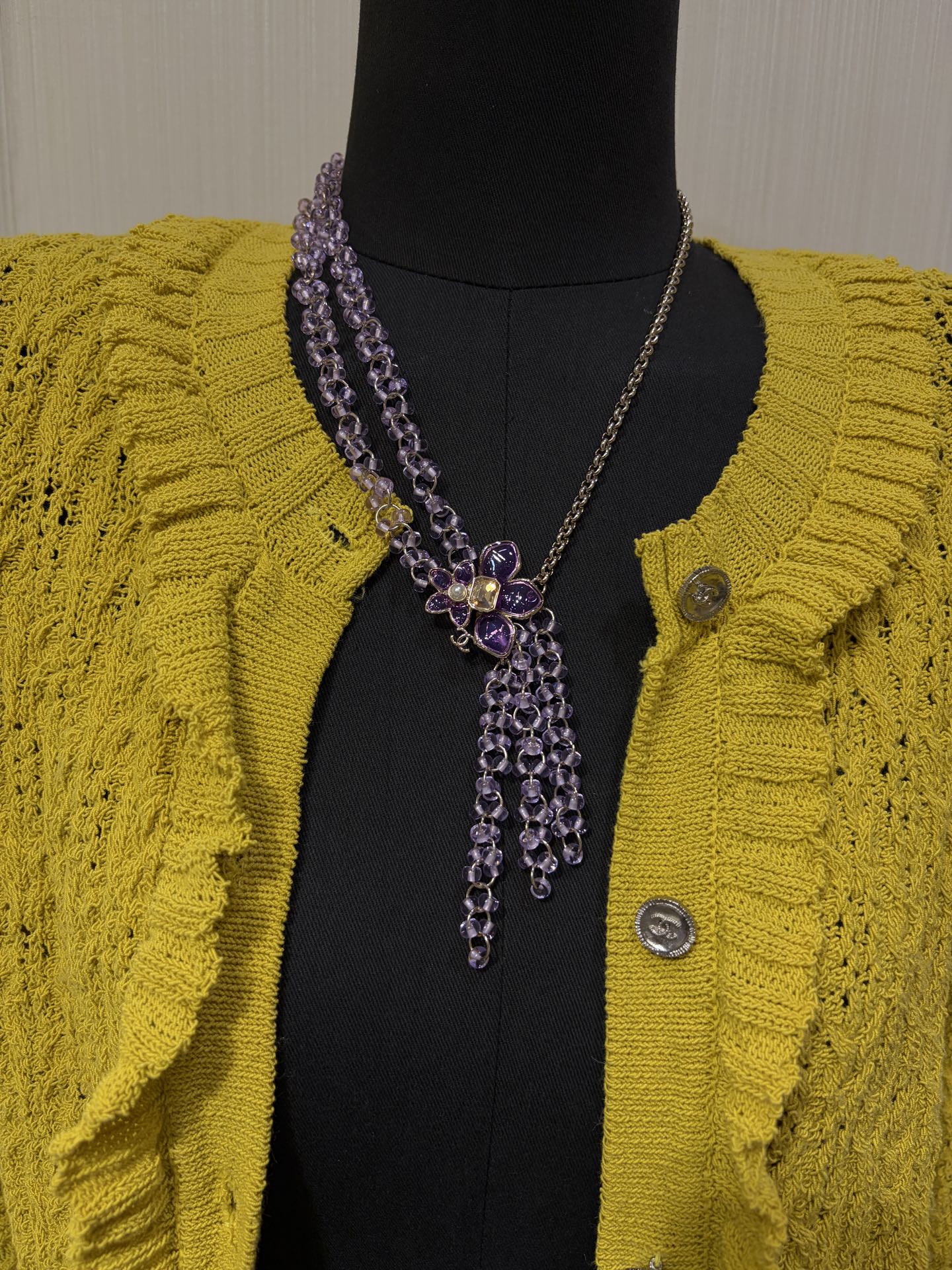 Chanel 2026 Double C Light Purple Beaded Asymmetrical Flower Necklace