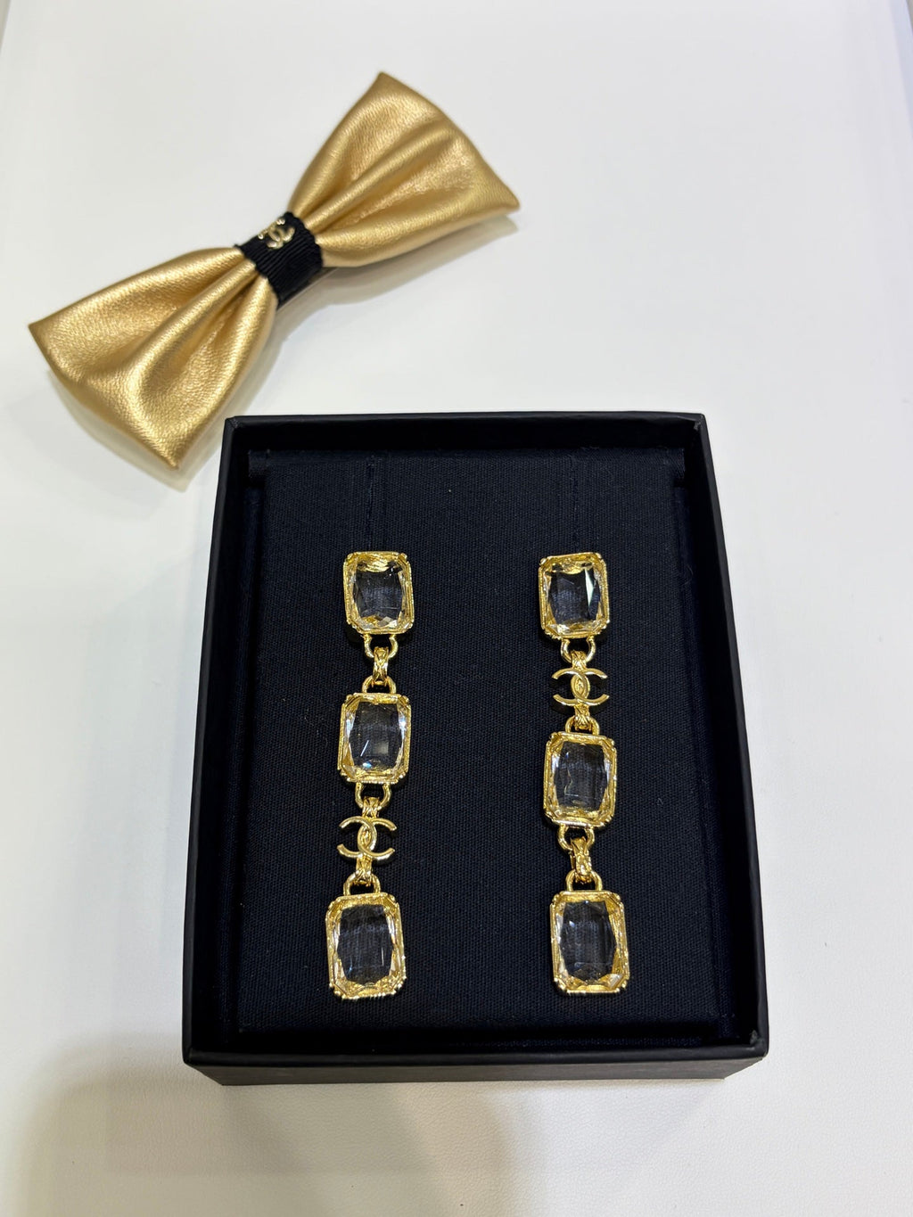 Chanel 2026 Gold Double C Transparent Rock Candy Long Stud Earrings