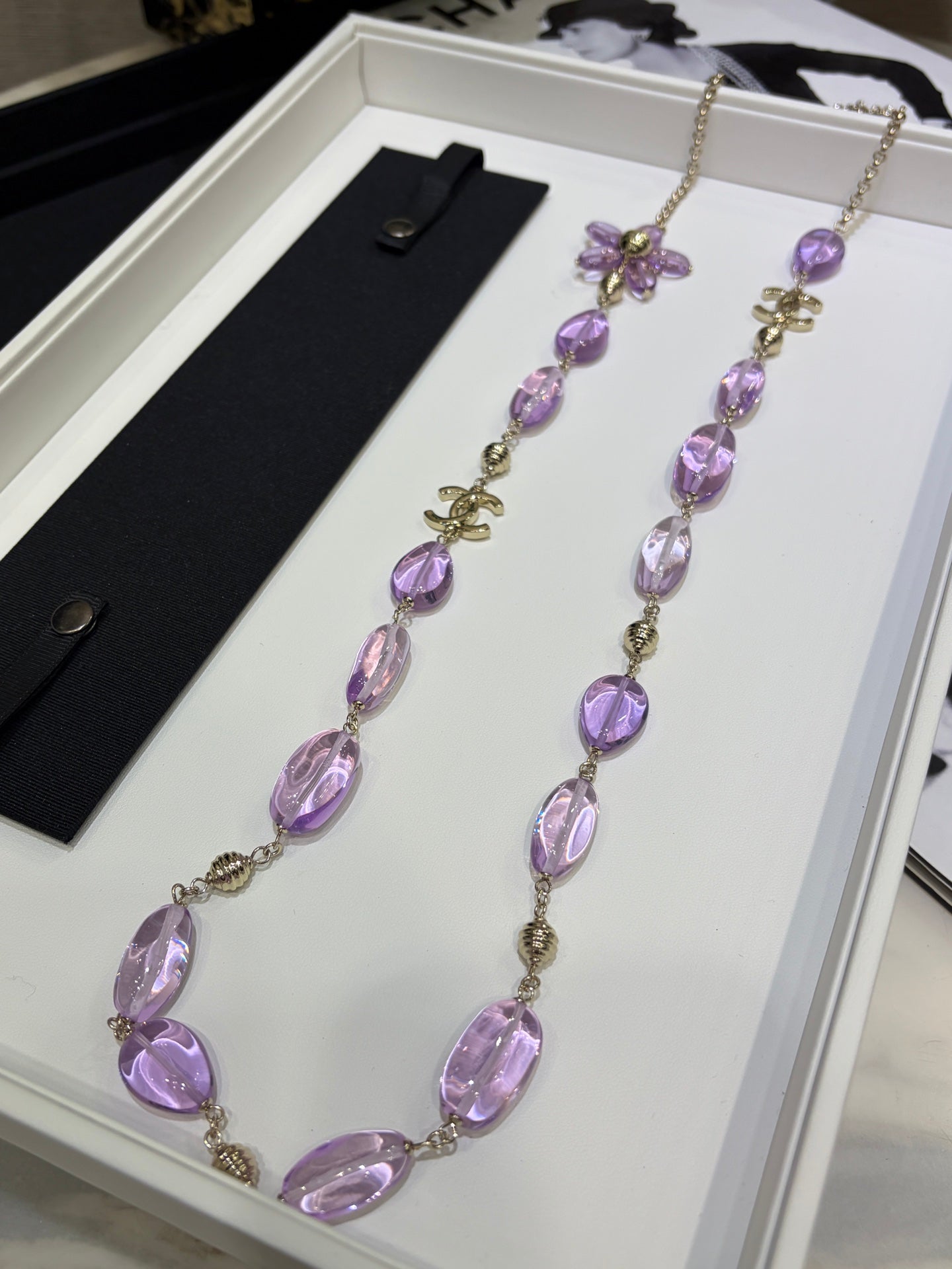 Chanel 2026 Double C Purple Floral Acrylic Beaded Necklace