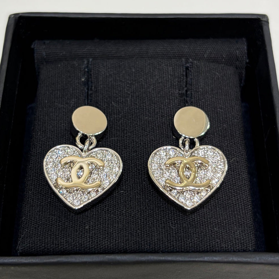 Chanel 2026 Double C Full Diamond Heart Pendant Button Earrings