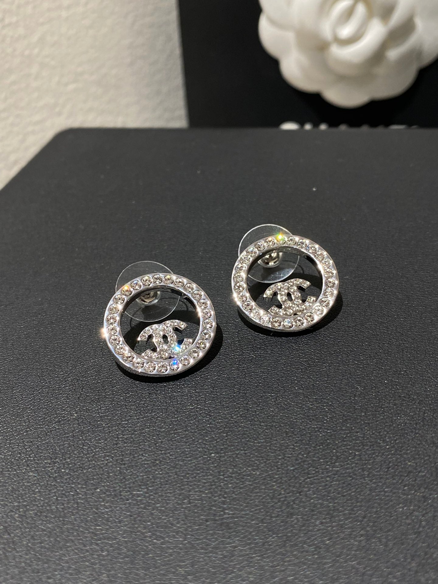 Chanel Classic Platinum Rhinestone Stud Sliver Earrings