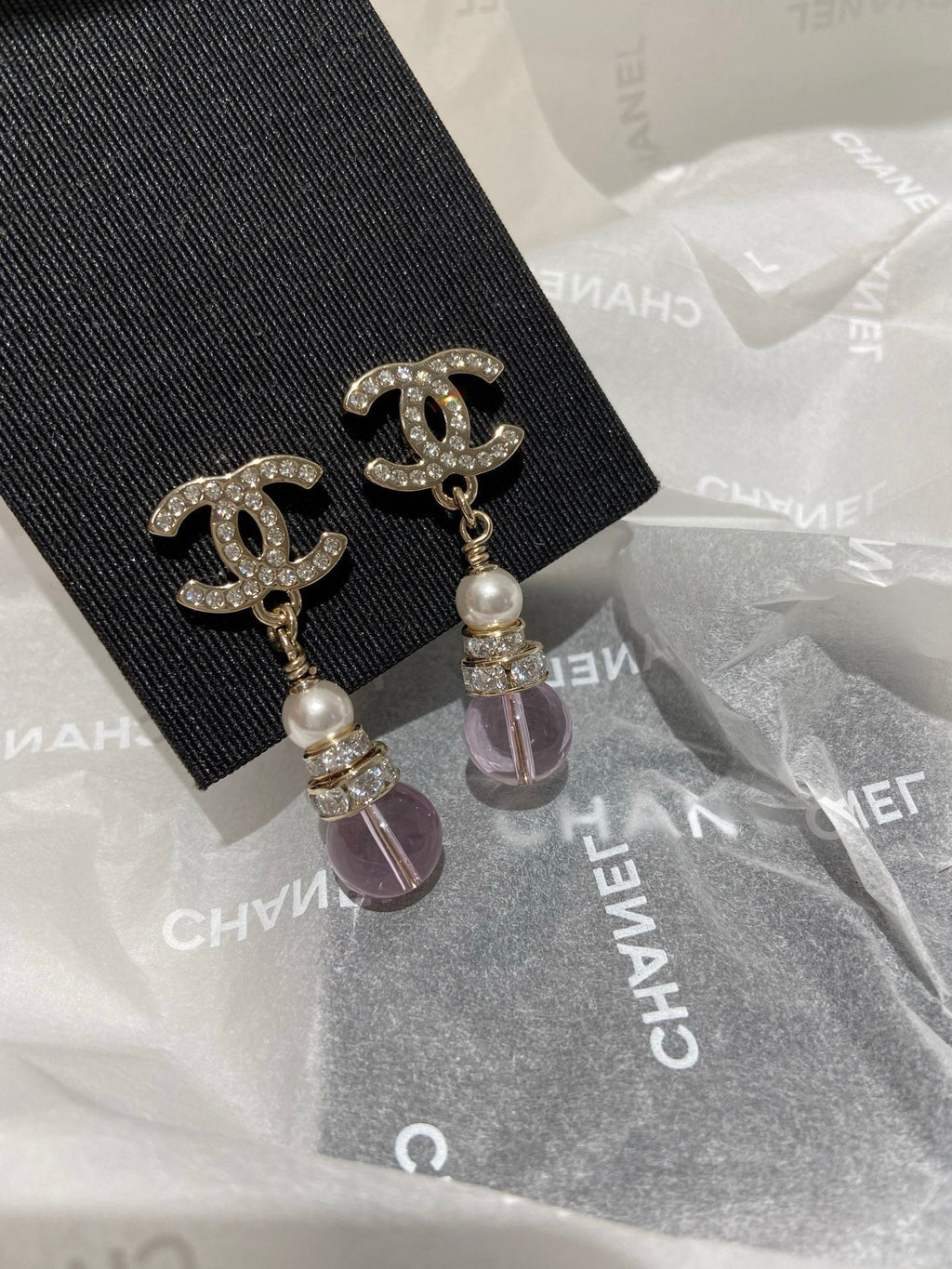 Chanel Pink Crystal Gold Pearl Earrings