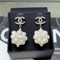 Chanel 2026 Silver Double C Pearl Flower Earrings