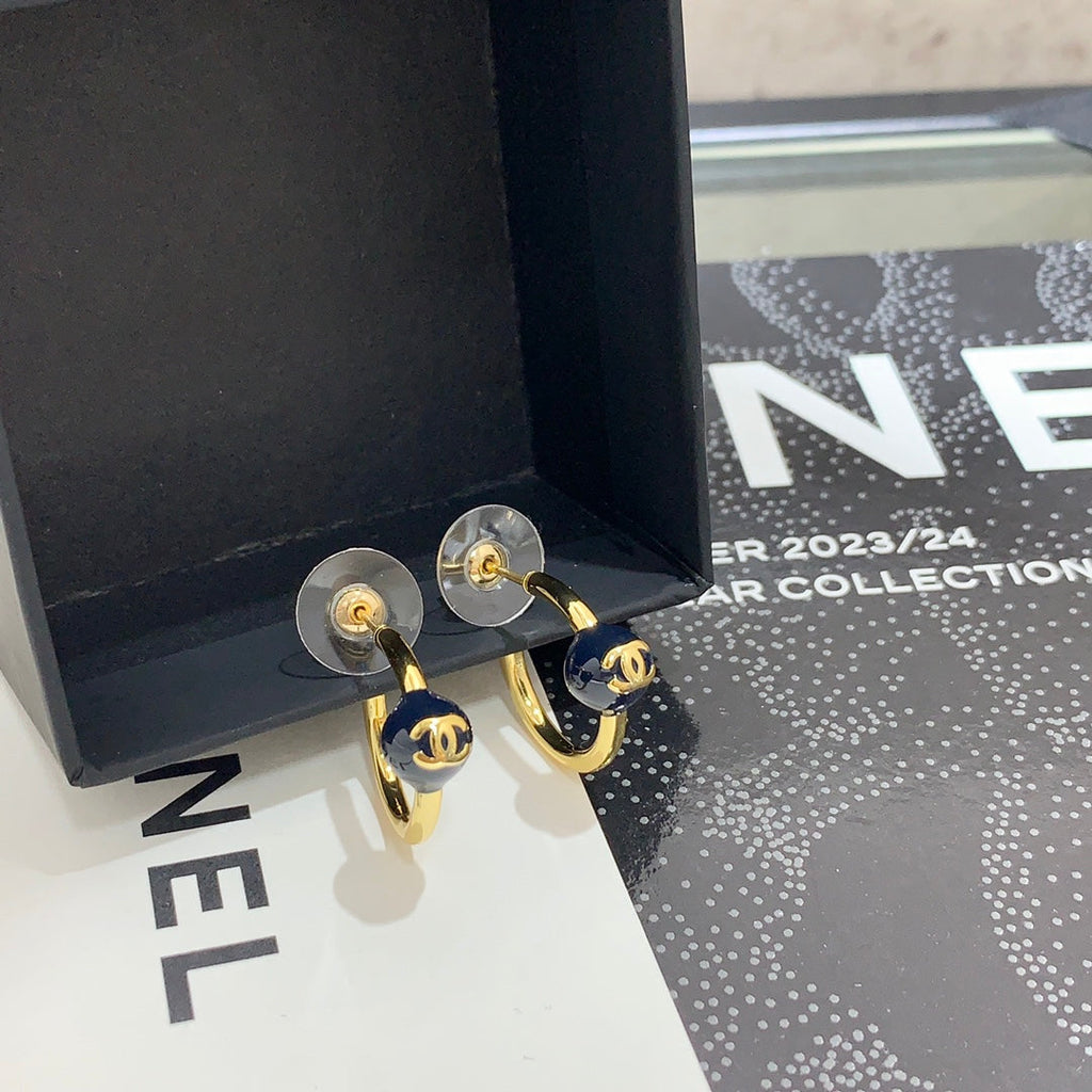 Chanel 2026 Navy Blue Enamel Ball Double C Hoop Earrings