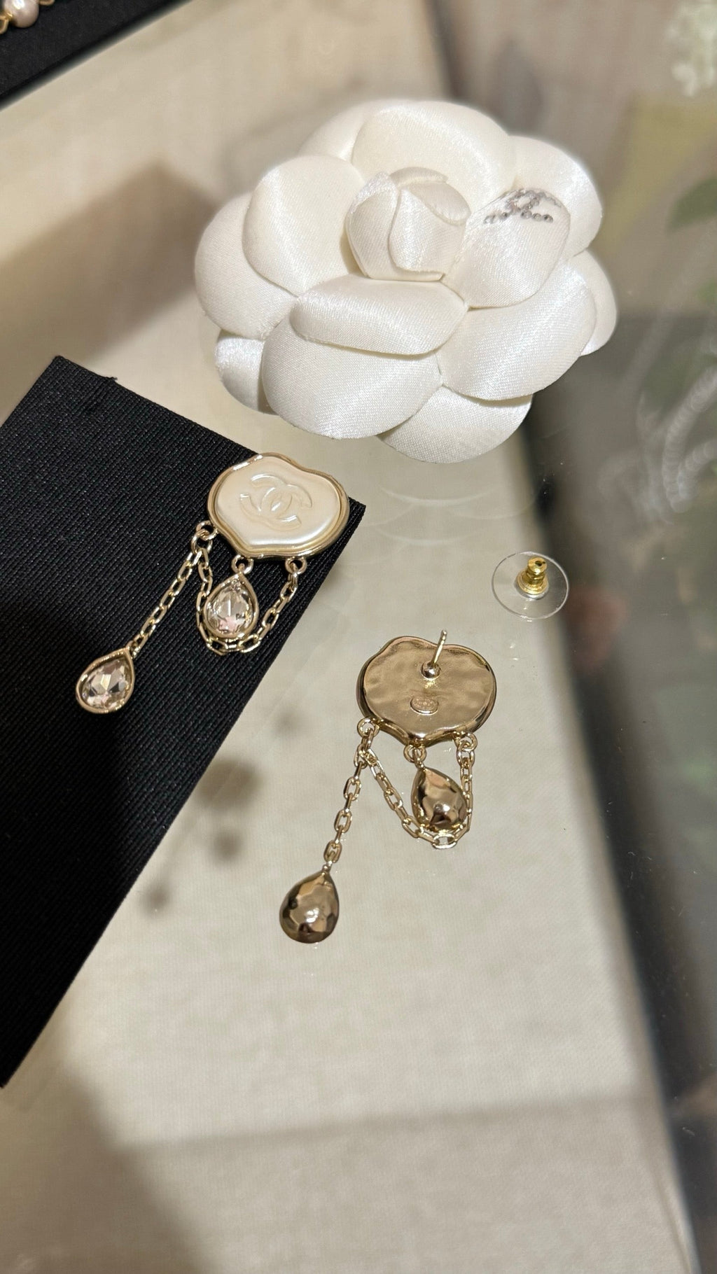 Chanel Cloud Double C Resin Double Teardrop Crystal Light Gold Chain Tassel Earrings