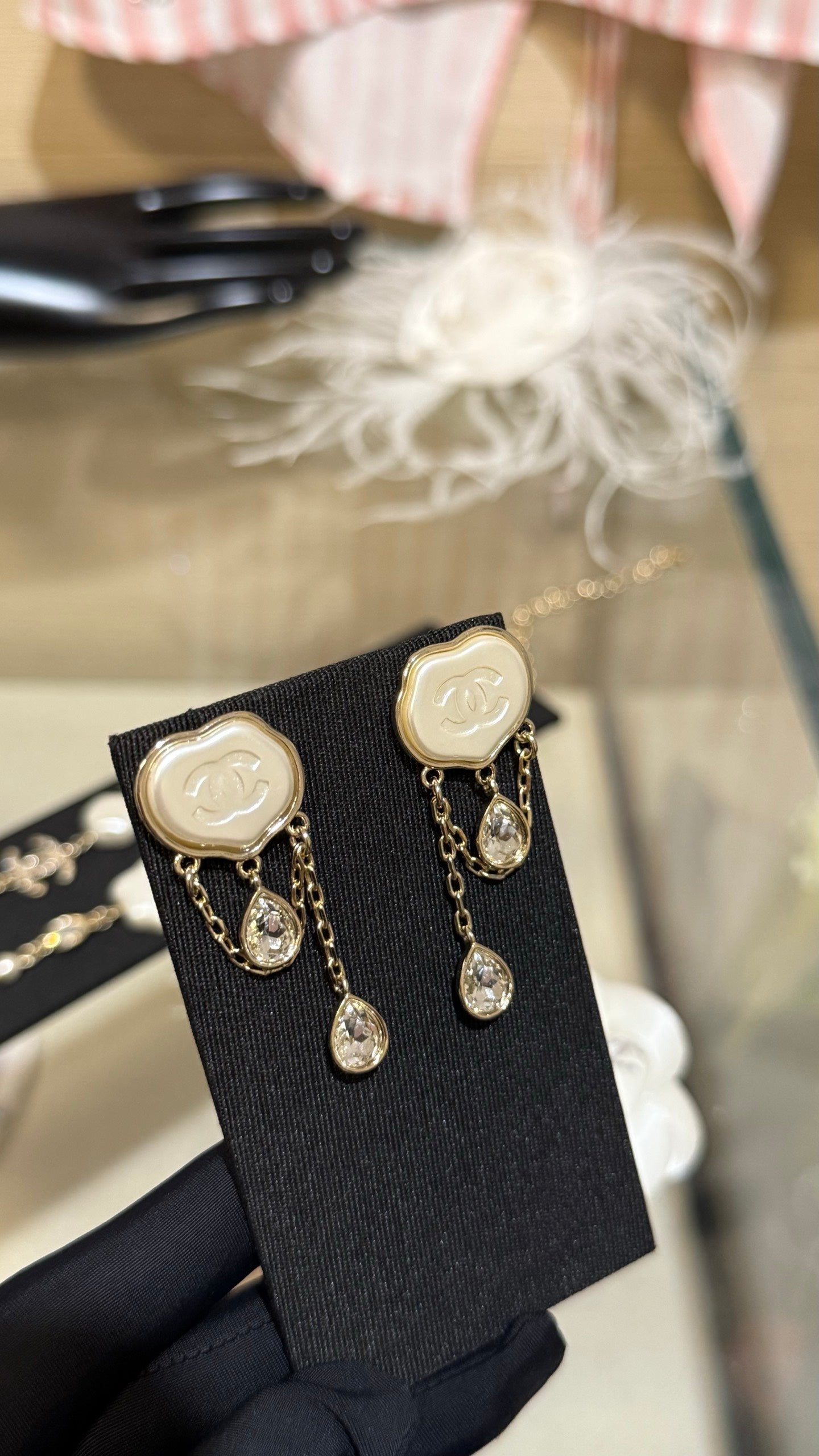 Chanel Cloud Double C Resin Double Teardrop Crystal Light Gold Chain Tassel Earrings