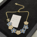 Chanel 2026 Denim Enamel Crystal Light Gold Double C Full Diamond Flower Pearl Necklace