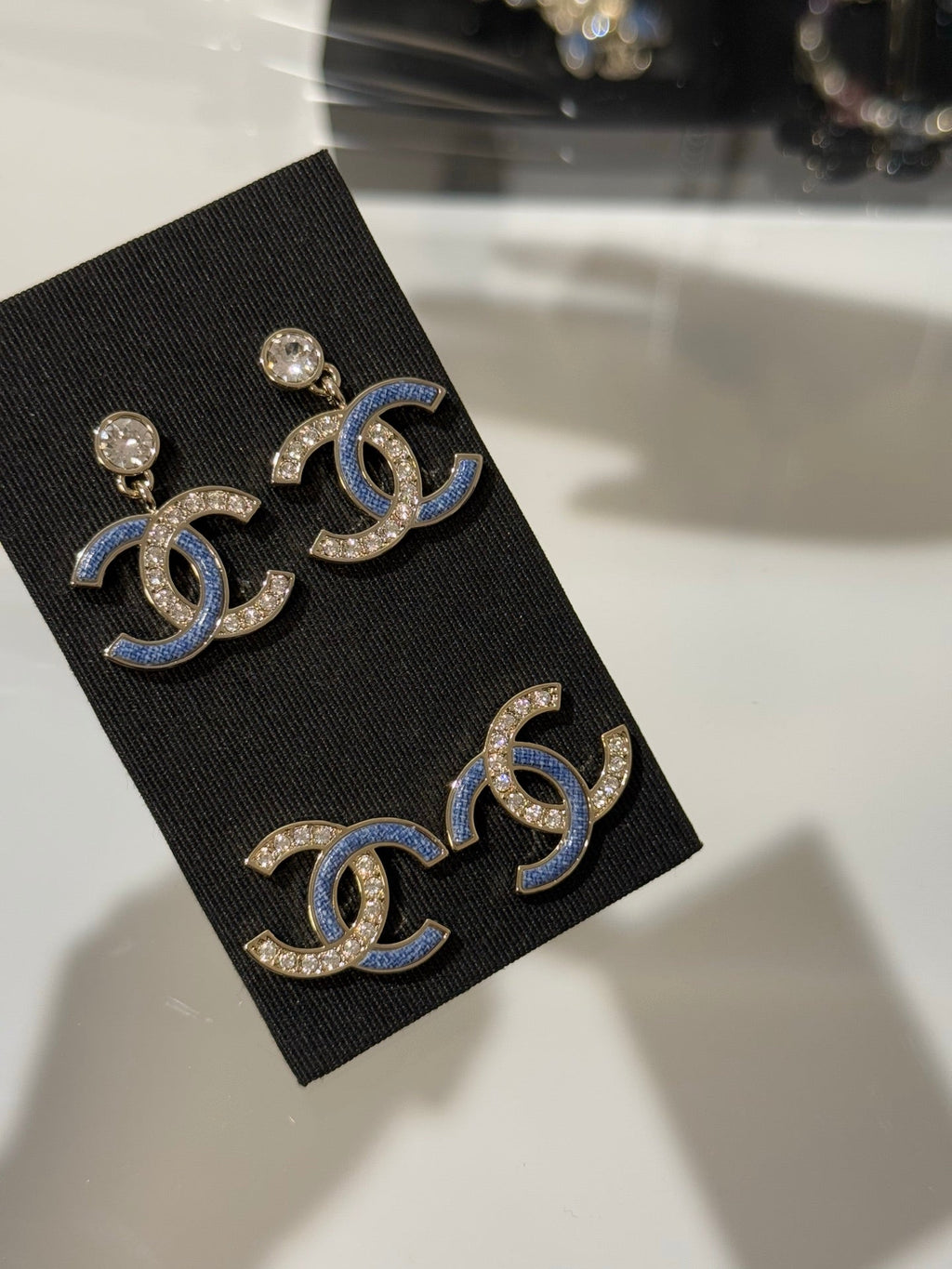 Chanel 2026 Light Gold Denim Patchwork Crystal Double C Stud Earrings