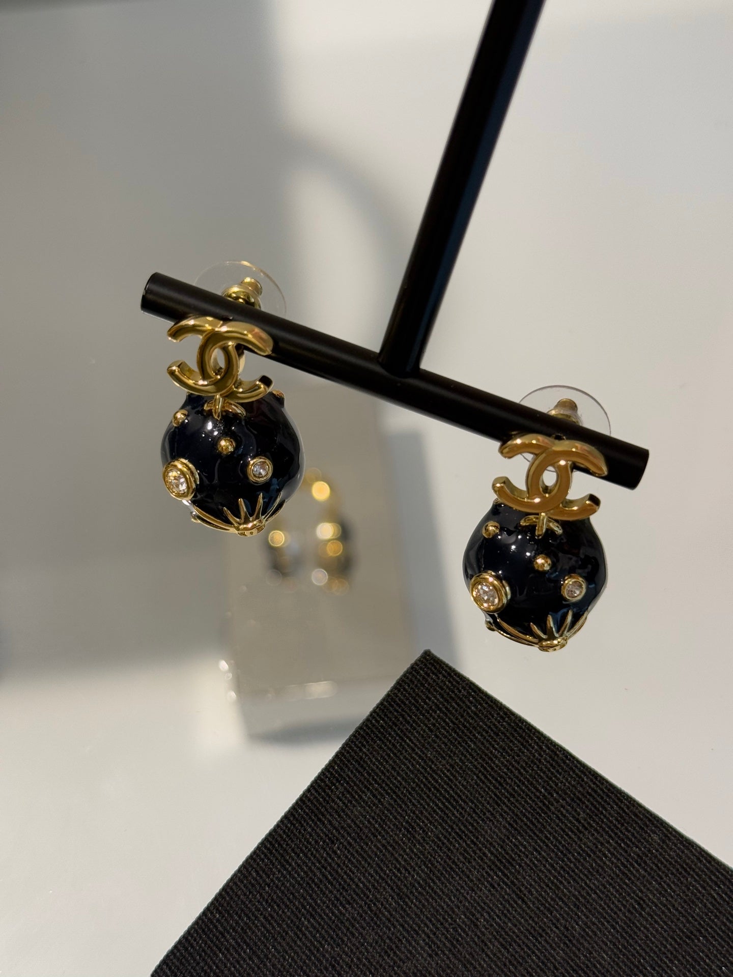 Chanel 2026 Deep Blue Enamel Sphere Rhinestone Star Double C Universe Planet Earrings