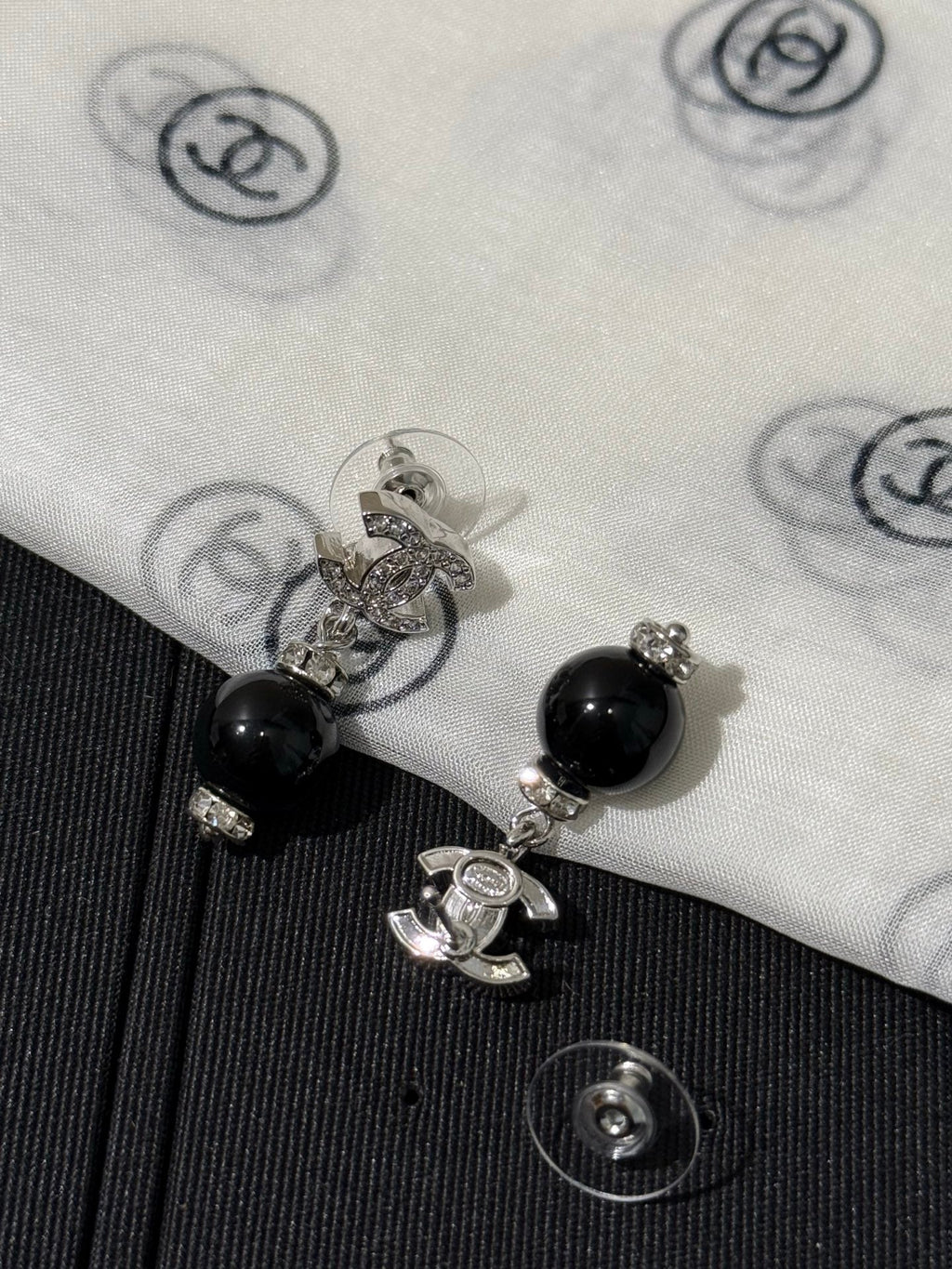 Chanel 2026 Silver Full Diamond Double C Black Bead Earrings