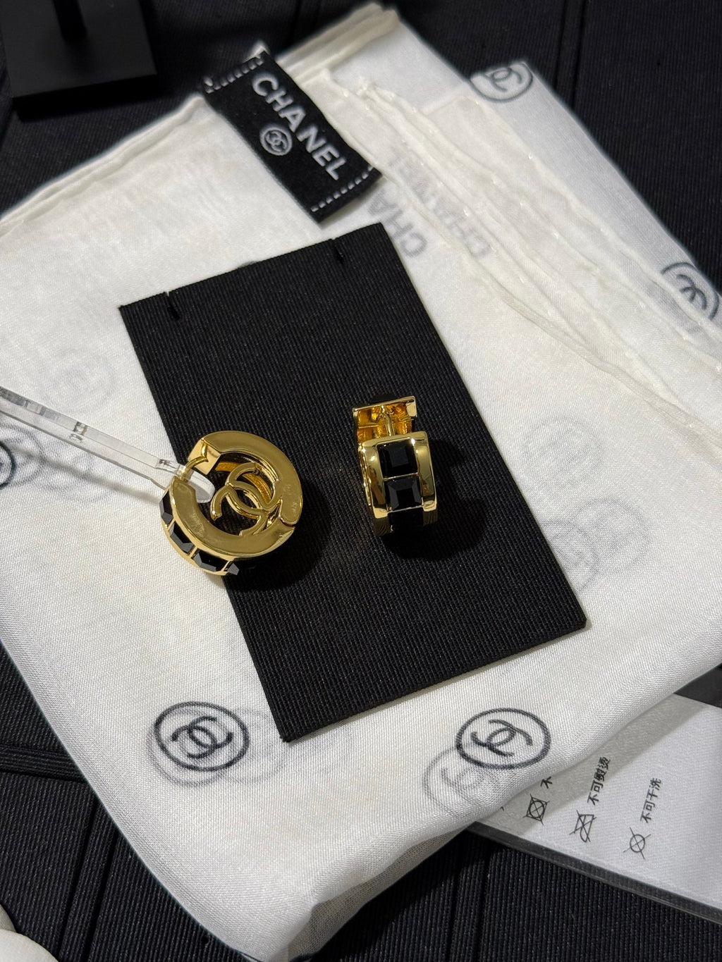 Chanel 2026 Black Square Diamond Gold Double C Hoop Earrings Stud Earrings