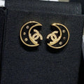 Chanel Black Enamel Full Diamond Double C Moon Earrings