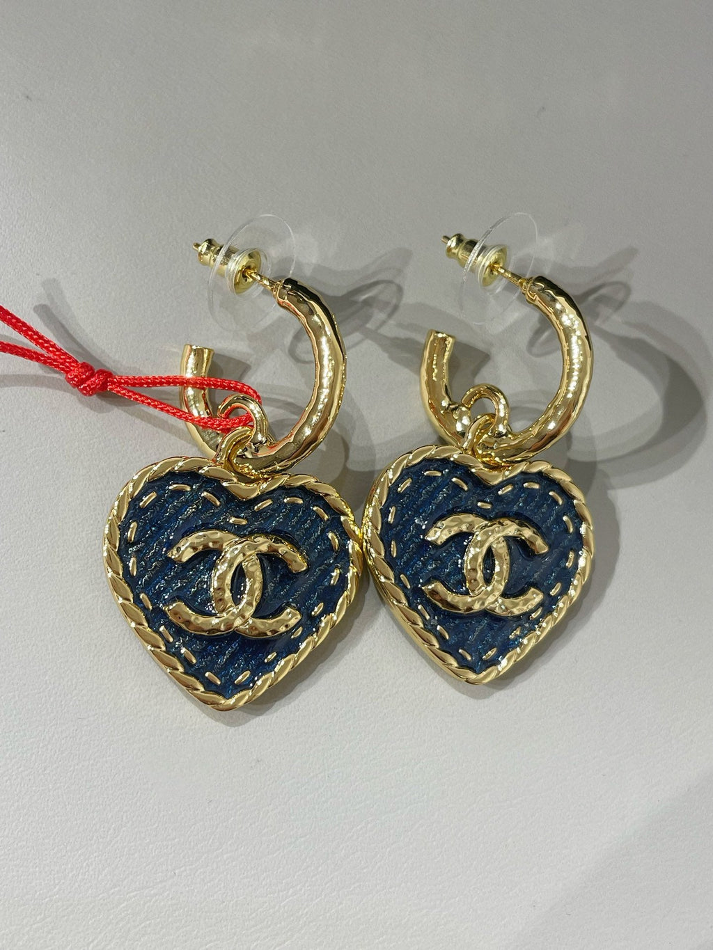 Chanel Heart Blue Denim Light Gold Hoop Earrings