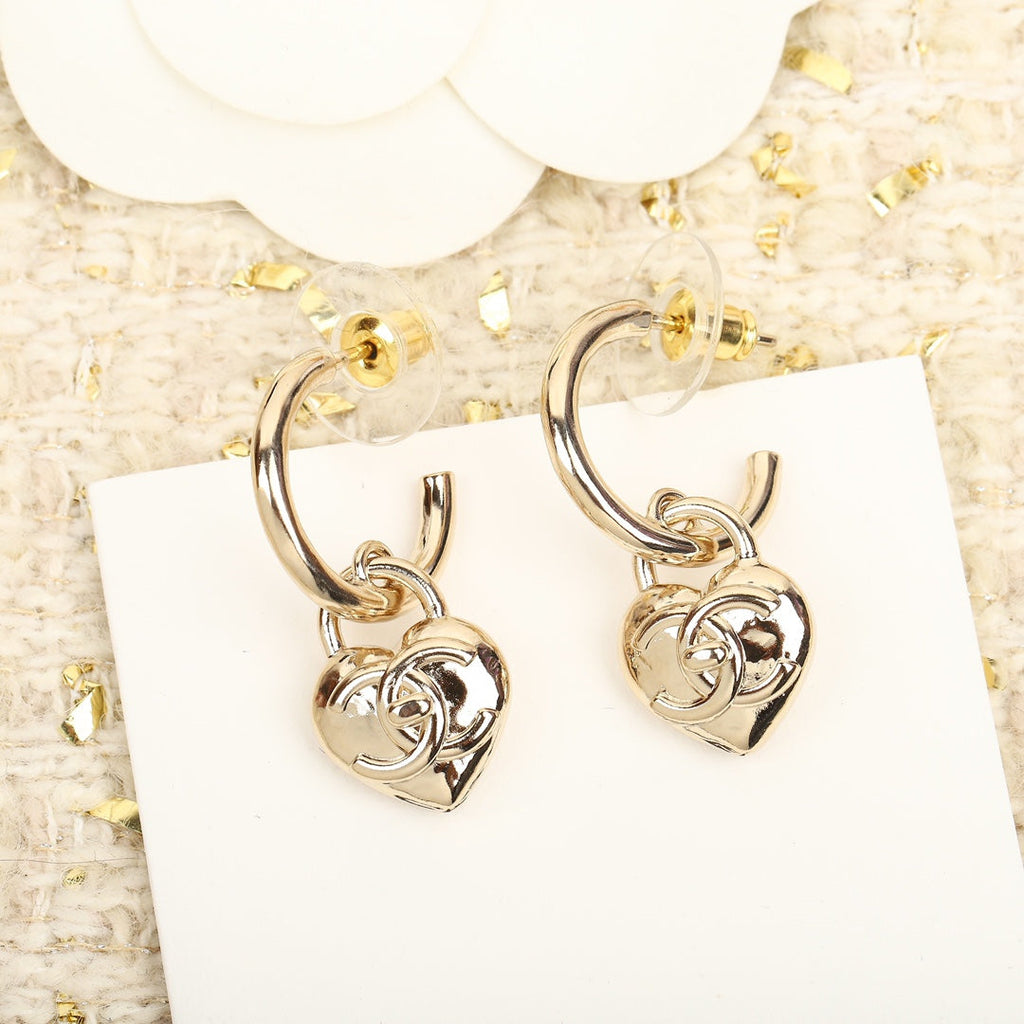 Chanel Double C Drop Heart Gold Earrings