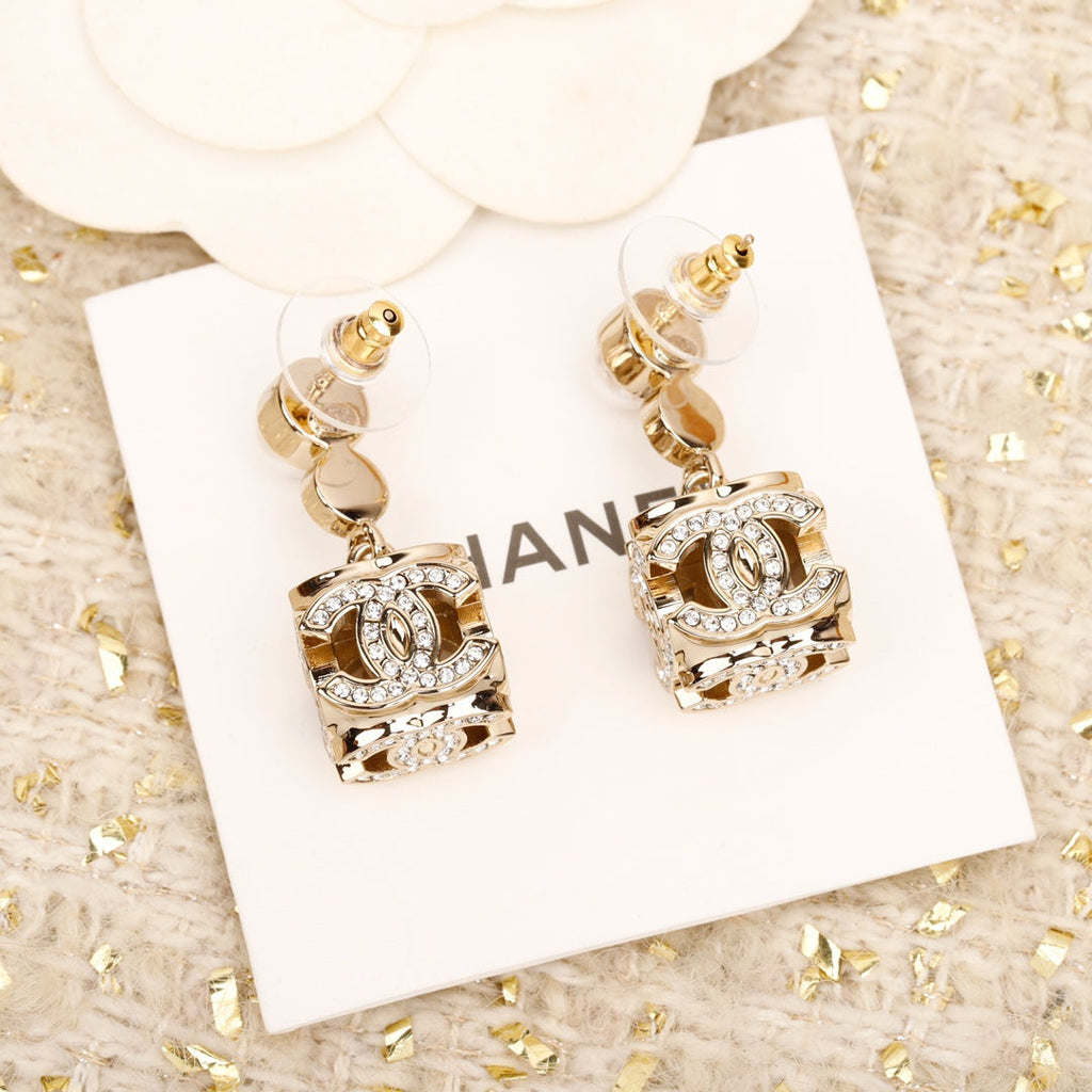 Chanel 23 Full Diamond Sieve Double C Gold Earrings