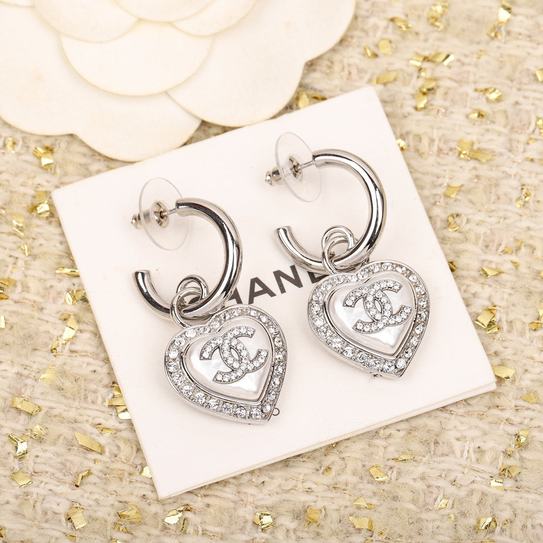 Chanel Double C Drop Heart Silver Diamonds Earrings